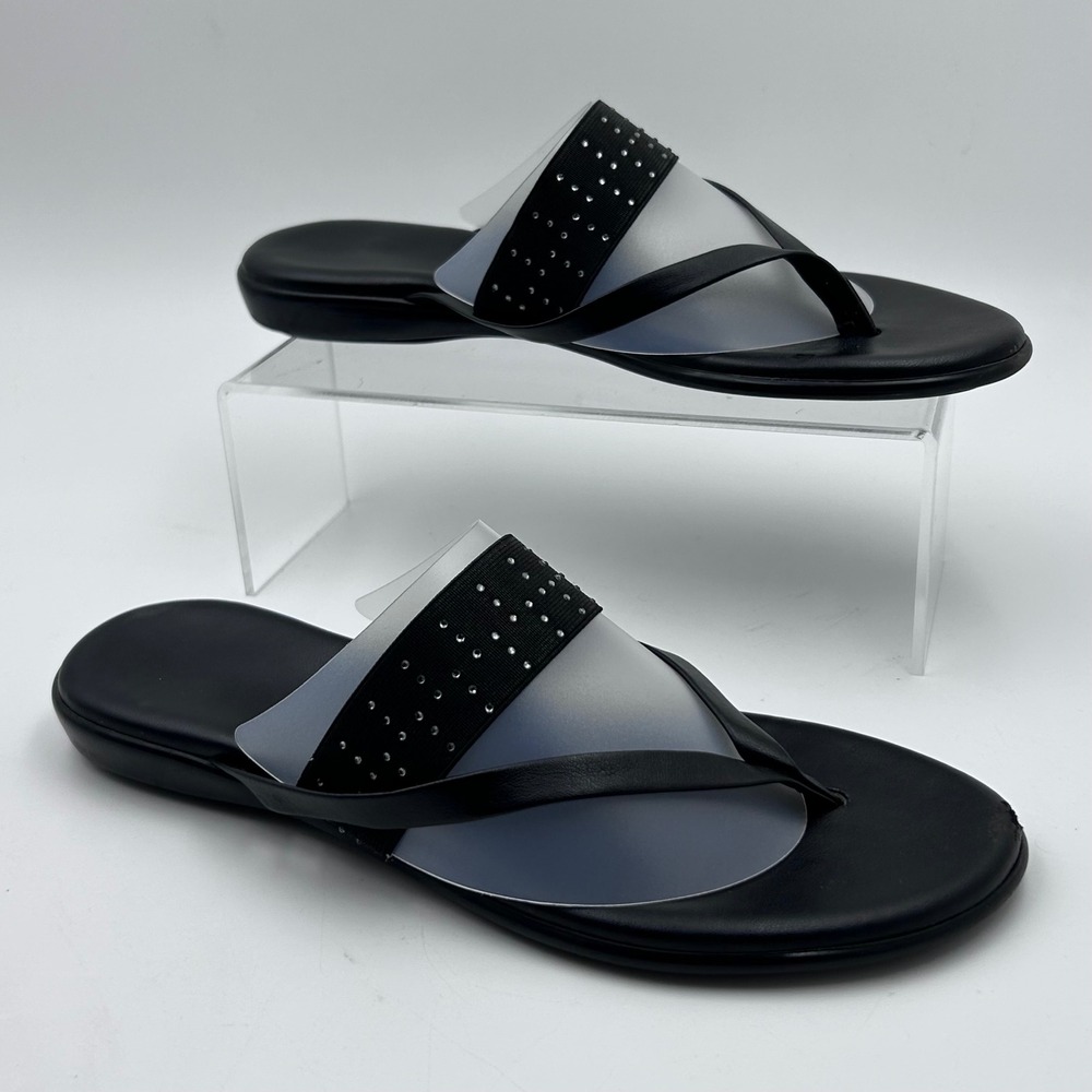 Made in Italy Thong Sandals Womens 7 Black‎ Rhinestone Elastic Strap Glam Summer